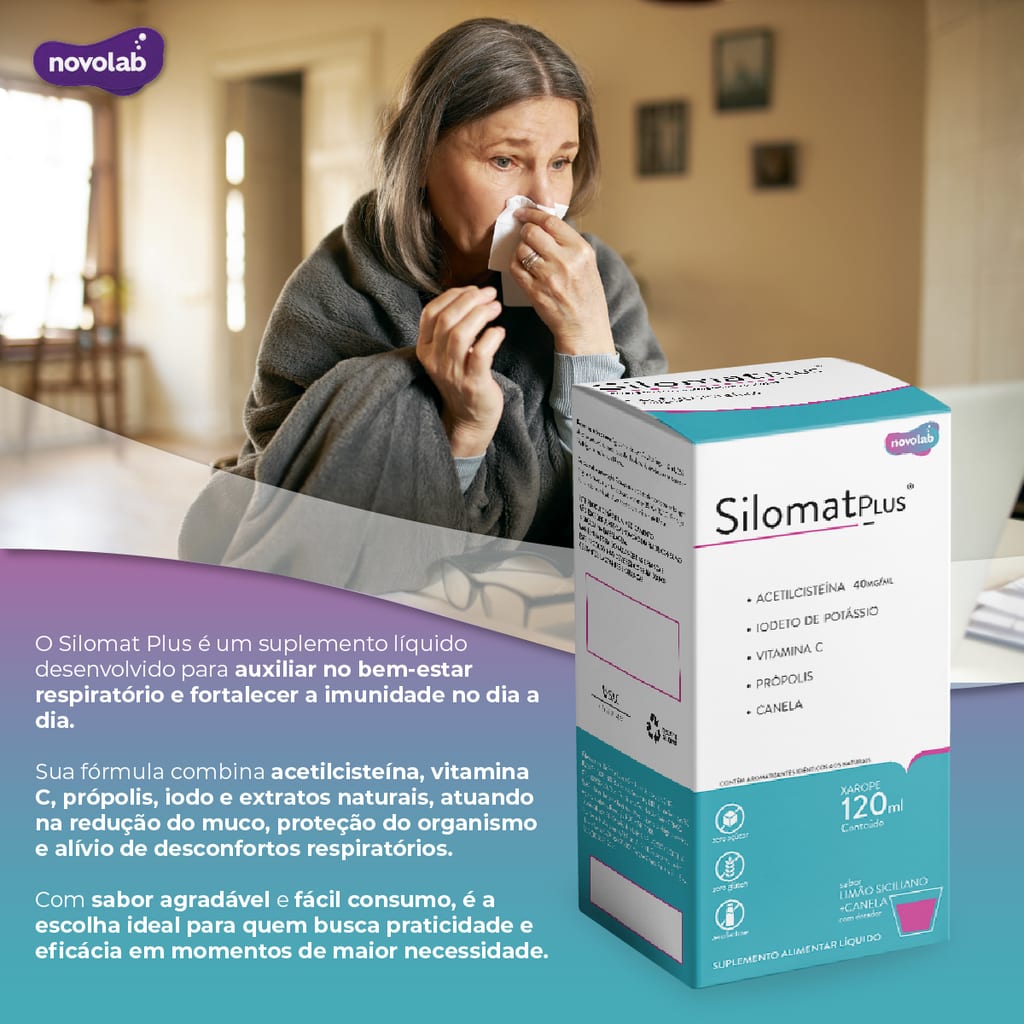 SILOMAT PLUS Adulto 40MG/ML -  NAC Acetilcisteina 800mg+Vitamina C 600mg+Iodeto de Potássio 900mcg+Própolis+Canela Sabor Limão Siciliano+Canela