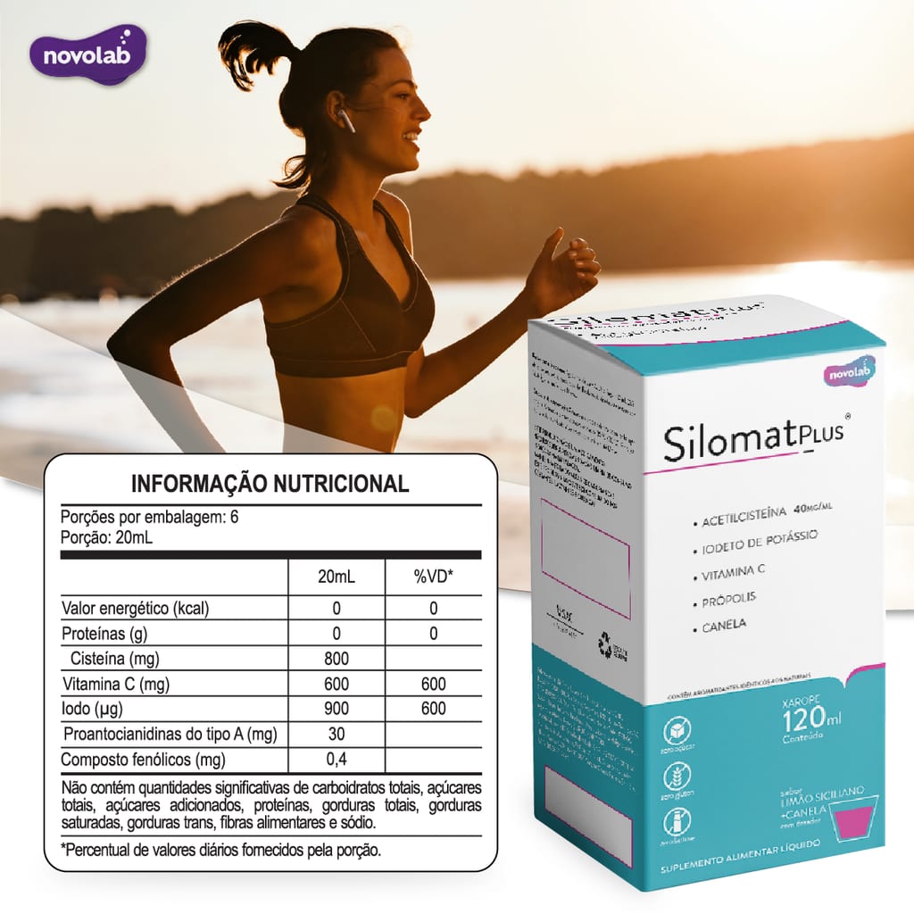 SILOMAT PLUS Adulto 40MG/ML -  NAC Acetilcisteina 800mg+Vitamina C 600mg+Iodeto de Potássio 900mcg+Própolis+Canela Sabor Limão Siciliano+Canela