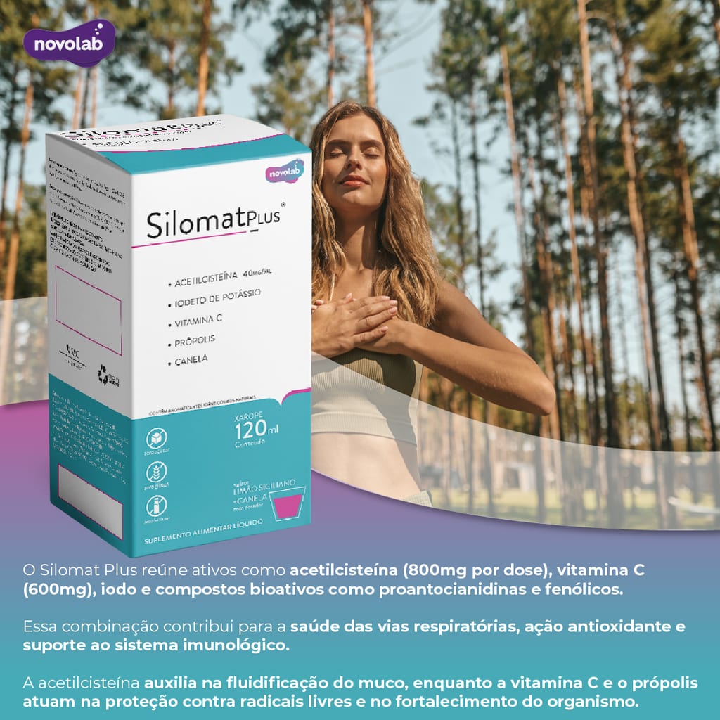 SILOMAT PLUS Adulto 40MG/ML -  NAC Acetilcisteina 800mg+Vitamina C 600mg+Iodeto de Potássio 900mcg+Própolis+Canela Sabor Limão Siciliano+Canela