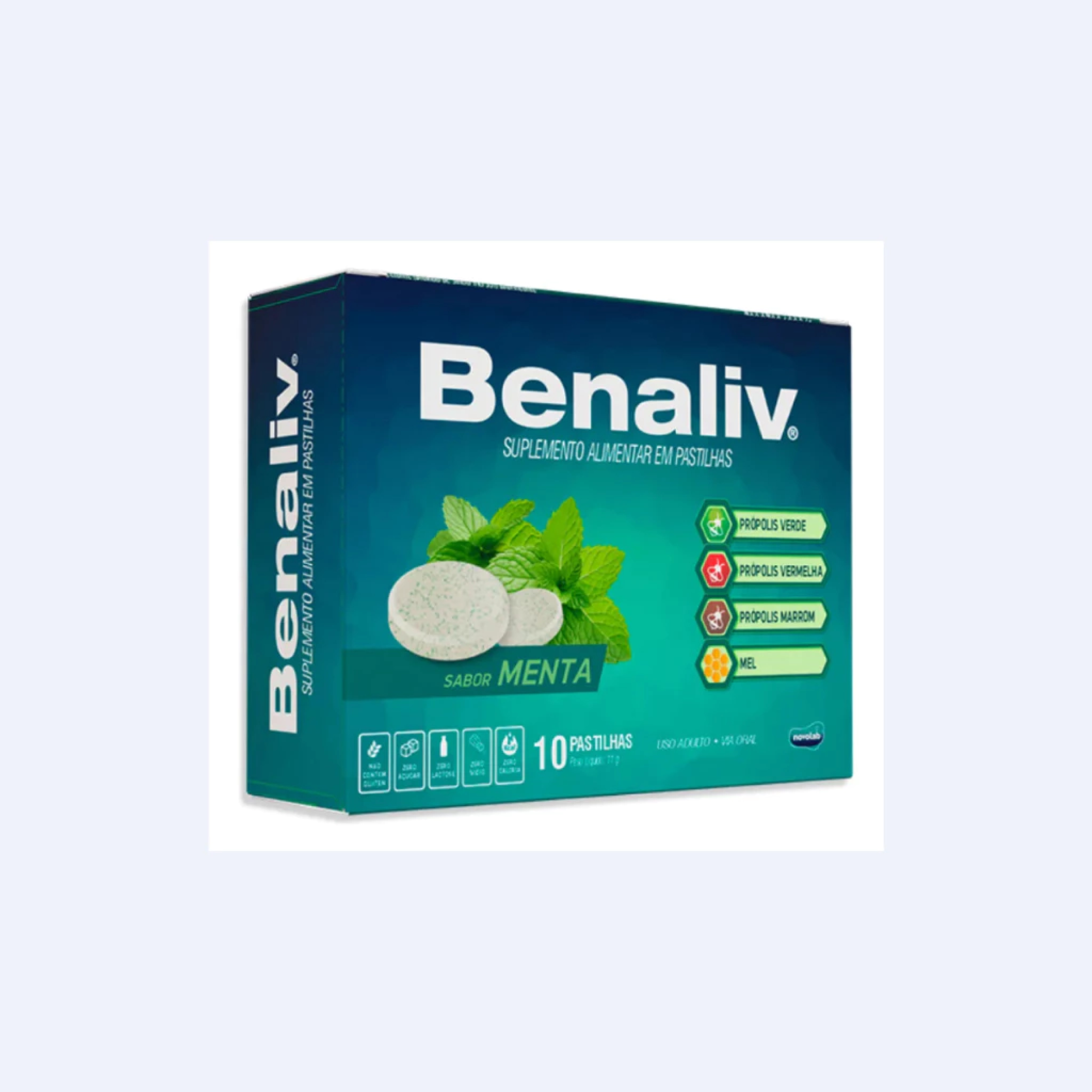BENALIV PASTILHA PARA GARGANTA - Própolis Verde x Própolis Marrom x Própolis Vermelha x Mel - Sabor Menta c/10