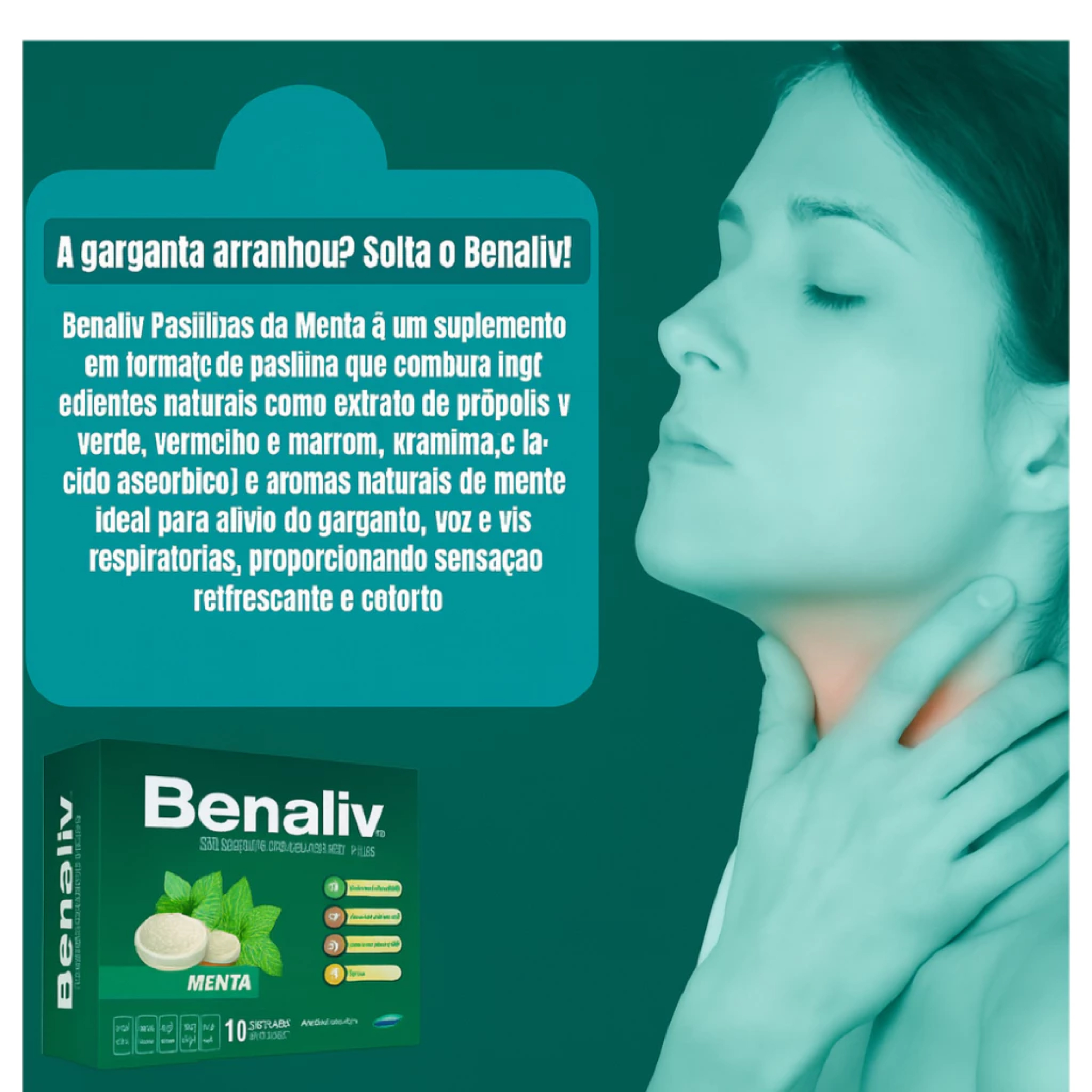 BENALIV PASTILHA PARA GARGANTA - Própolis Verde x Própolis Marrom x Própolis Vermelha x Mel - Sabor Menta c/10